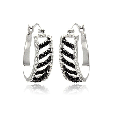 Sterling Silver Rhodium Plated White Enamel Black Stripe CZ  Hoop Earring