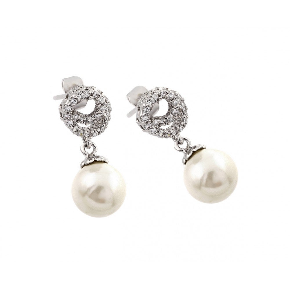 Sterling Silver Rhodium Plated Dangling Pearl Stud Earrings with CZ Stones