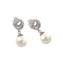 Load image into Gallery viewer, Sterling Silver Rhodium Plated Dangling Pearl Stud Earrings with CZ Stones