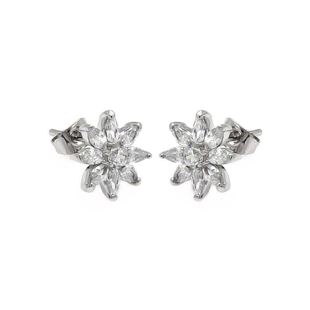 Sterling Silver  Rhodium Plated Flower Shaped Stud Earring With CZ Stones