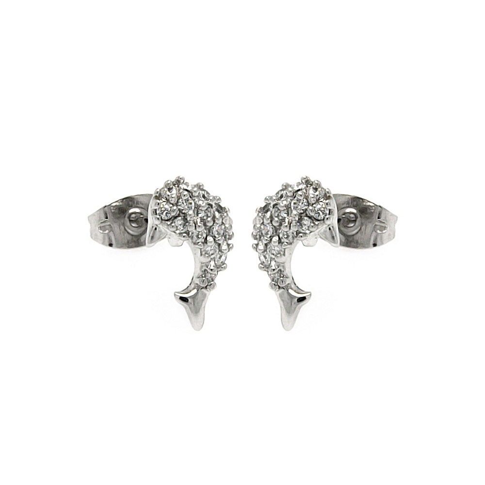 Sterling Silver Rhodium Plated Fish Shaped  Stud Earring With CZ Stones