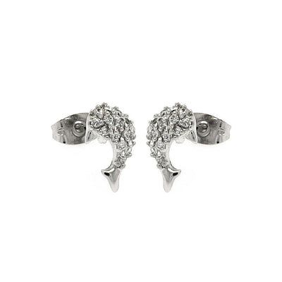 Sterling Silver Rhodium Plated Fish Shaped  Stud Earring With CZ Stones