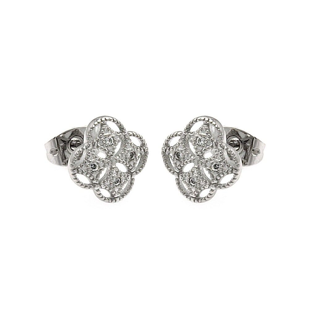 Sterling Silver Rhodium Plated Clover Shaped  Stud Earring With CZ Stones