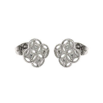 Sterling Silver Rhodium Plated Clover Shaped  Stud Earring With CZ Stones