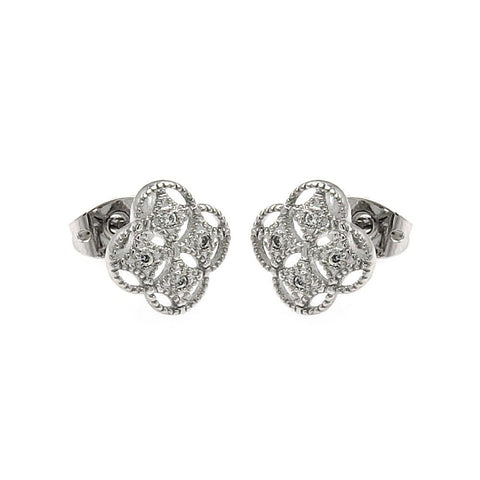 Sterling Silver Rhodium Plated Clover Shaped  Stud Earring With CZ Stones