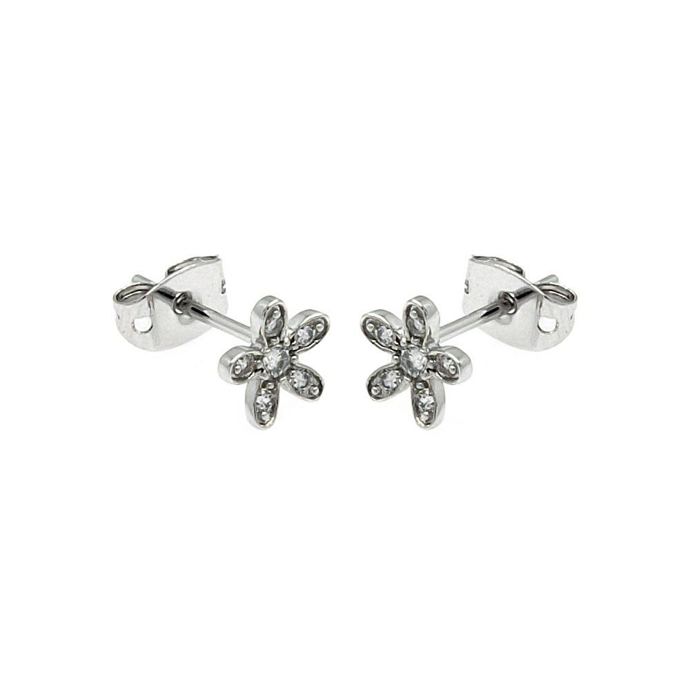 Sterling Silver  Rhodium Plated Flower Shaped Stud Earring With CZ Stones