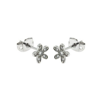 Sterling Silver  Rhodium Plated Flower Shaped Stud Earring With CZ Stones