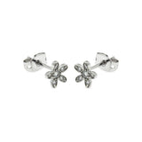 Sterling Silver  Rhodium Plated Flower Shaped Stud Earring With CZ Stones