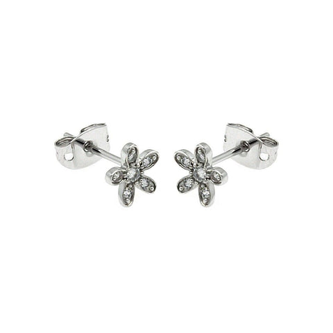 Sterling Silver  Rhodium Plated Flower Shaped Stud Earring With CZ Stones