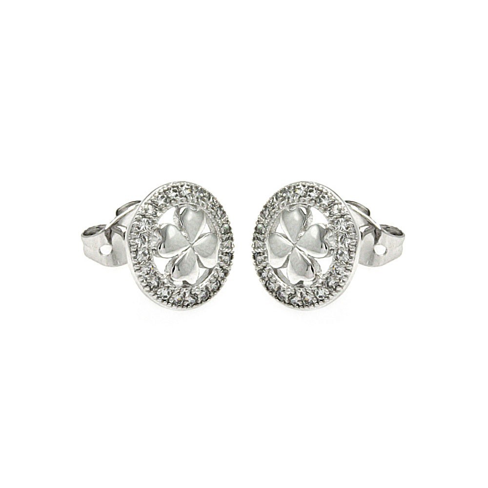 Sterling Silver Rhodium Plated Open Circle Clover Shaped  Stud Earring With CZ Stones