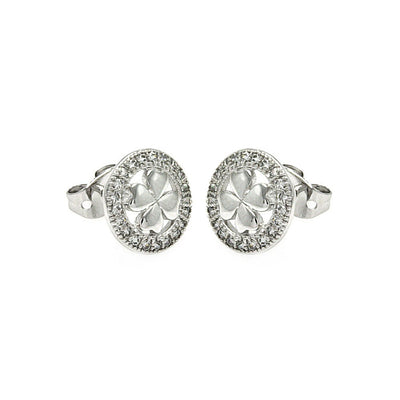 Sterling Silver Rhodium Plated Open Circle Clover Shaped  Stud Earring With CZ Stones