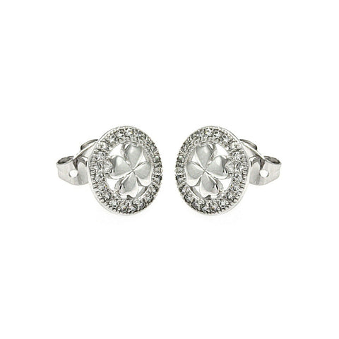 Sterling Silver Rhodium Plated Open Circle Clover Shaped  Stud Earring With CZ Stones