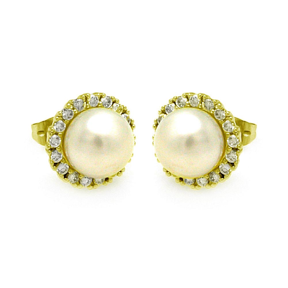 Sterling Silver Gold Plated Round CZ Center Fresh Water Pearl Stud Earrings