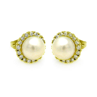 Sterling Silver Gold Plated Round CZ Center Fresh Water Pearl Stud Earrings