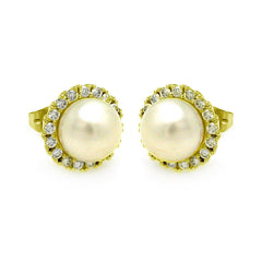 Sterling Silver Gold Plated Round CZ Center Fresh Water Pearl Stud Earrings