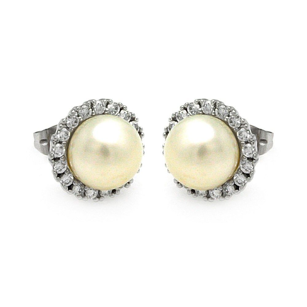 Sterling Silver Rhodium Plated Round CZ Center Fresh Water Pearl Stud Earring