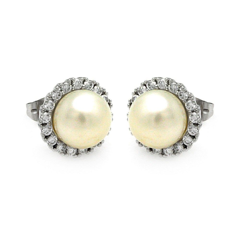 Sterling Silver Rhodium Plated Round CZ Center Fresh Water Pearl Stud Earring