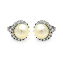 Load image into Gallery viewer, Sterling Silver Rhodium Plated Round CZ Center Fresh Water Pearl Stud Earring