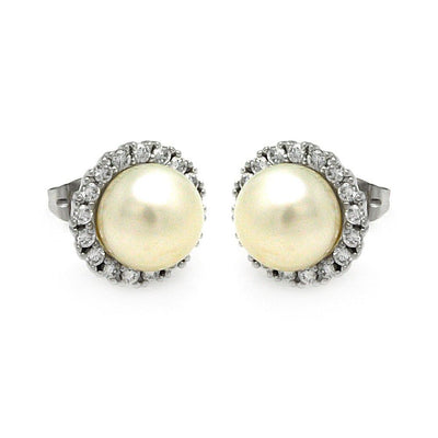 Sterling Silver Rhodium Plated Round CZ Center Fresh Water Pearl Stud Earring