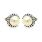 Sterling Silver Rhodium Plated Round CZ Center Fresh Water Pearl Stud Earring