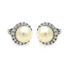 Sterling Silver Rhodium Plated Round CZ Center Fresh Water Pearl Stud Earring