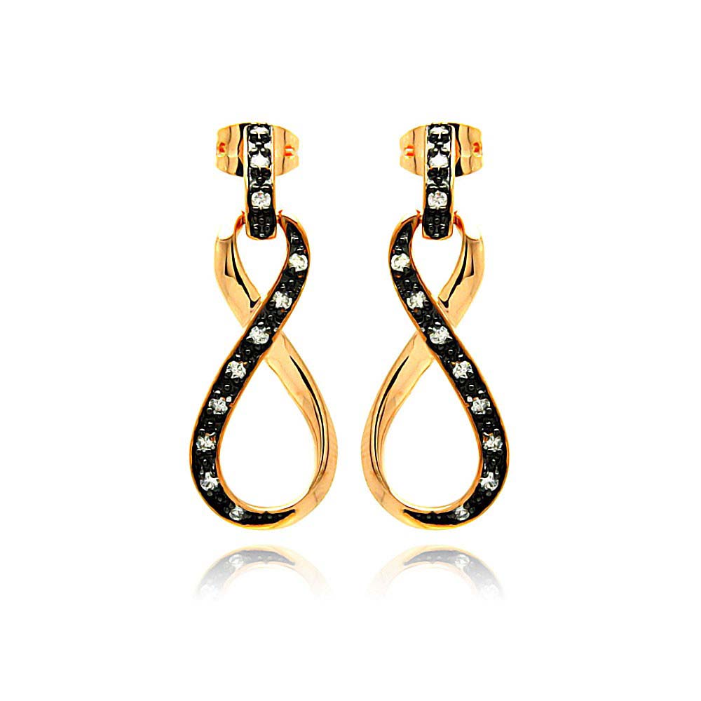 Sterling Silver Black & Gold Plated Classic Style Infinity Design Inlaid with Clear CZs Dangle Stud EarringAnd Dimensions of 30MM x 11MM