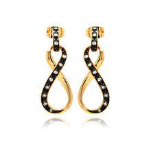 Load image into Gallery viewer, Sterling Silver Black &amp; Gold Plated Classic Style Infinity Design Inlaid with Clear CZs Dangle Stud EarringAnd Dimensions of 30MM x 11MM