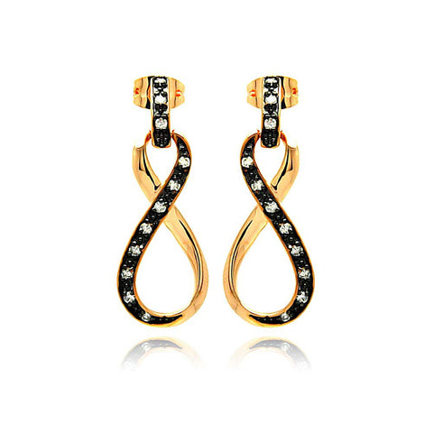 Sterling Silver Black & Gold Plated Classic Style Infinity Design Inlaid with Clear CZs Dangle Stud EarringAnd Dimensions of 30MM x 11MM