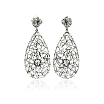 Sterling Silver Vintage Style Teardrop Shaped Drop Inalid With Clear CZs Dangle Stud EarringAnd Dimensions of 48MM x 20MM