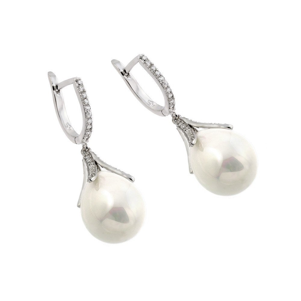 Sterling Silver Rhodium Plated Channel CZ Synthetic Pearl Lever Back Earring