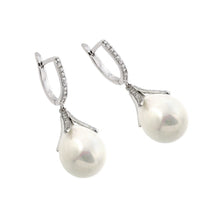 Load image into Gallery viewer, Sterling Silver Rhodium Plated Channel CZ Synthetic Pearl Lever Back Earring