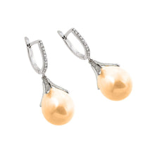 Load image into Gallery viewer, Sterling Silver Classic StyleAnd Channel Dangling Earrings with Champagne Colored Pearl Stone and Inlaid With Clear Czs. Earring Dimesnions of 42.5MM x 14.2MM