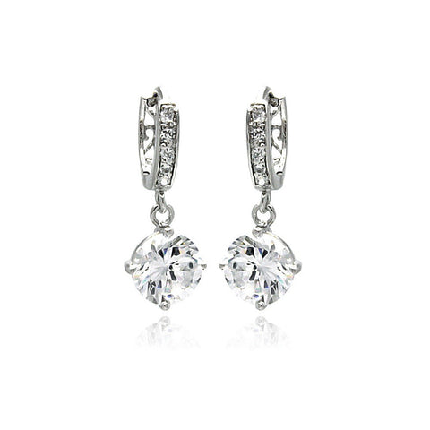 Sterling Silver Classic StyleAnd Channel Dangling Earrings Embedded with Solid Fine Clear Cz Stones. Earring Dimesnions of 23.7MM x 9.4MM