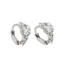 Load image into Gallery viewer, Sterling Silver Rhodium Plated Past Present Future Shaped Huggie Earrings With CZ Stones