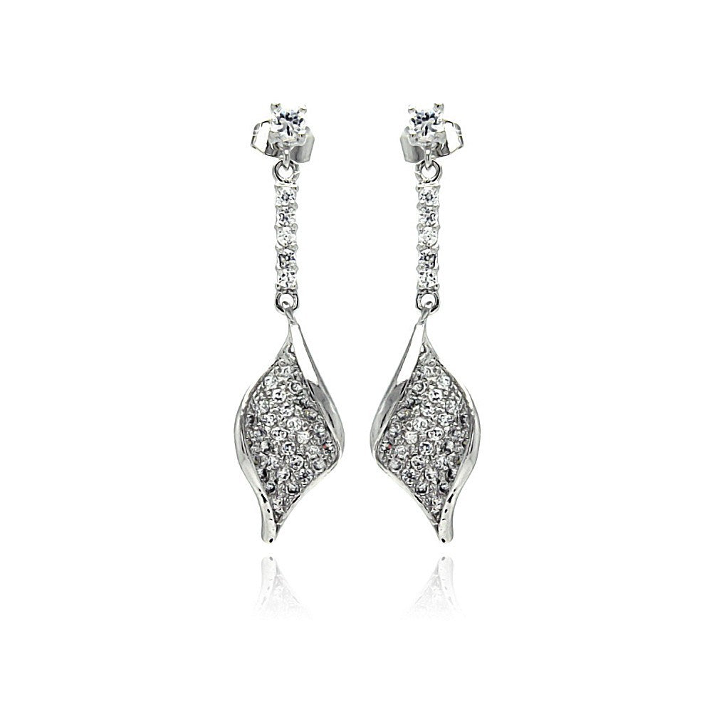 Sterling Silver Leaf Design Dangling Stud Earrings Inlaid with Fine Clear Cz StonesAnd Dimensions of 37.7MM x 9.7MM