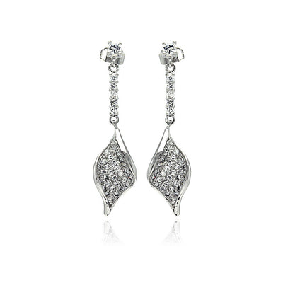 Sterling Silver Leaf Design Dangling Stud Earrings Inlaid with Fine Clear Cz StonesAnd Dimensions of 37.7MM x 9.7MM