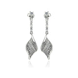 Sterling Silver Leaf Design Dangling Stud Earrings Inlaid with Fine Clear Cz StonesAnd Dimensions of 37.7MM x 9.7MM