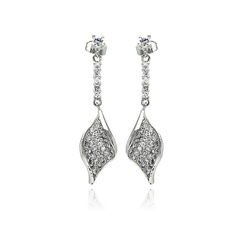 Sterling Silver Leaf Design Dangling Stud Earrings Inlaid with Fine Clear Cz StonesAnd Dimensions of 37.7MM x 9.7MM