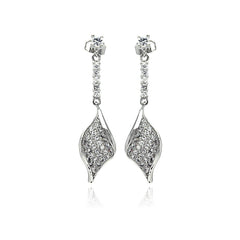 Sterling Silver Leaf Design Dangling Stud Earrings Inlaid with Fine Clear Cz StonesAnd Dimensions of 37.7MM x 9.7MM
