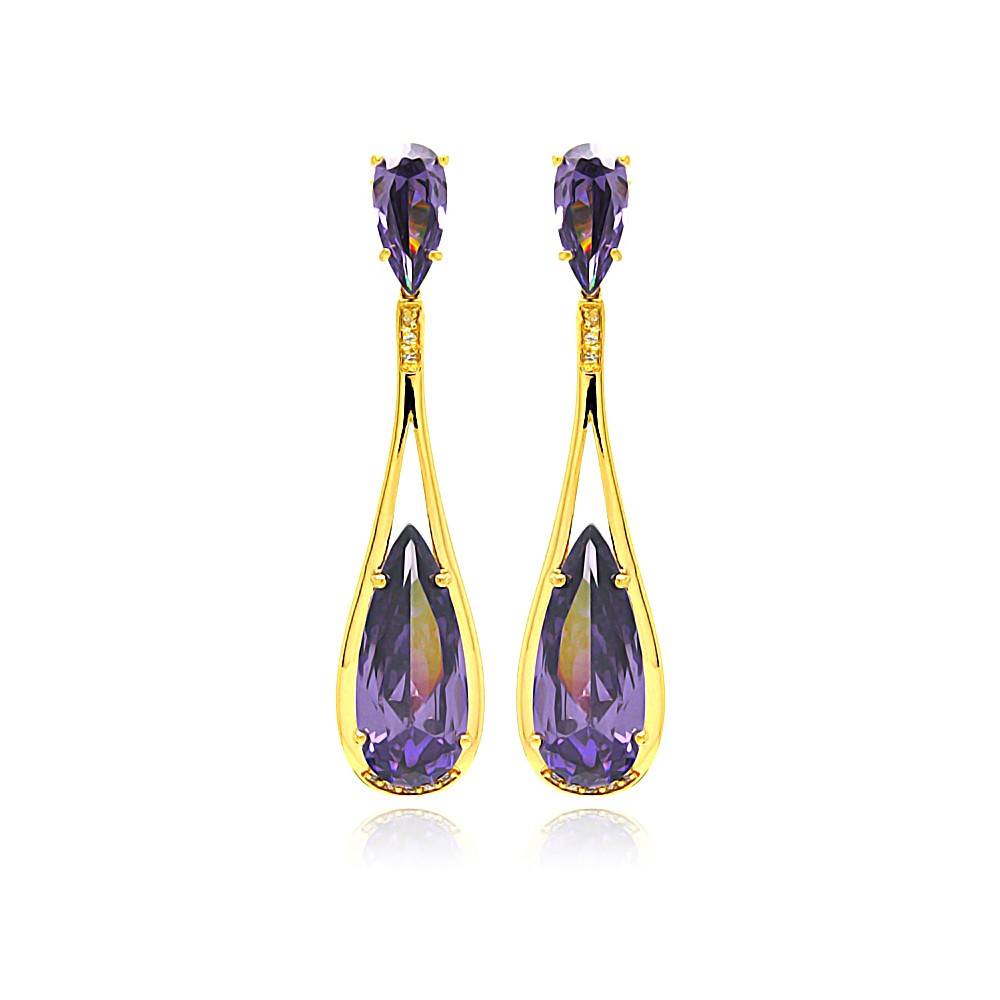 An Elegant Teardrop Design Dangling Earring Set in Sleek Gold Rhodium PlatedAnd With Purple Cz Stones. Earring Dimensions of 63.3MM x 14.9MM