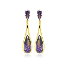 Load image into Gallery viewer, An Elegant Teardrop Design Dangling Earring Set in Sleek Gold Rhodium PlatedAnd With Purple Cz Stones. Earring Dimensions of 63.3MM x 14.9MM