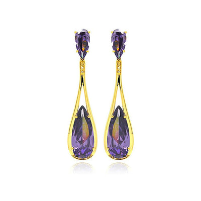 An Elegant Teardrop Design Dangling Earring Set in Sleek Gold Rhodium PlatedAnd With Purple Cz Stones. Earring Dimensions of 63.3MM x 14.9MM