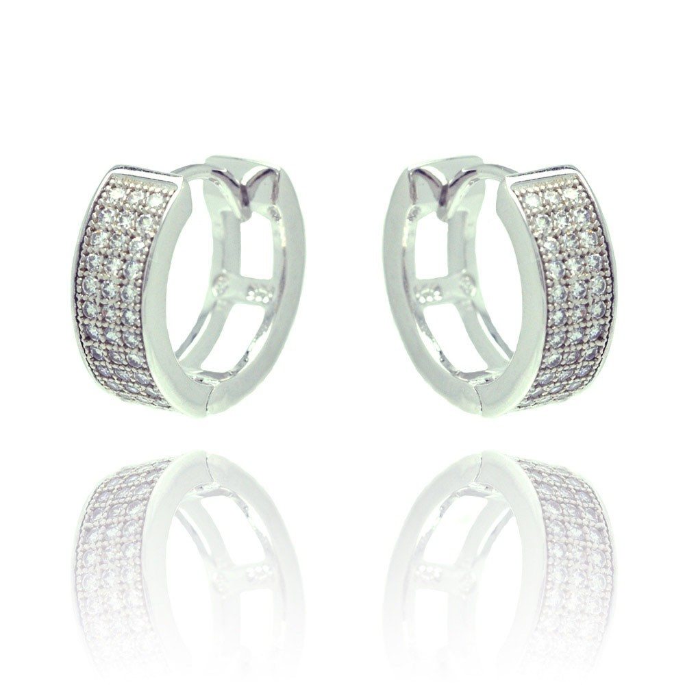 Sterling Silver Rhodium Plated  Micro Pave Round CZ Inlay Hoop Earring
