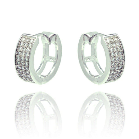 Sterling Silver Rhodium Plated  Micro Pave Round CZ Inlay Hoop Earring