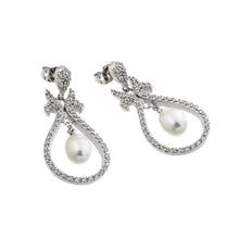 Load image into Gallery viewer, Sterling Silver Fancy Open Paved Teardrop Shape Design with Centered White Pearl Dangle Stud EarringAnd Earring Dimensions of 35.2MMx16.7MM