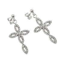 Load image into Gallery viewer, Sterling Silver Fancy Marqui Cross Design Embedded with Clear Czs Dangle Stud EarringAnd Earring Dimensions of 28.5MMx16.8MM