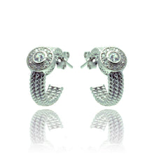 Load image into Gallery viewer, Sterling Silver Rhodium Plated Crescent Center Round CZ Semi Huddie Earrings