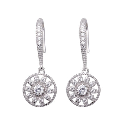 Sterling Silver Fancy Round Flower Design Set with Clear Czs Dangling Hook Earring