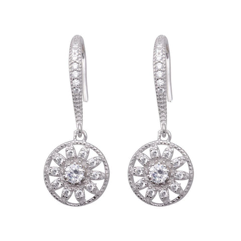 Sterling Silver Fancy Round Flower Design Set with Clear Czs Dangling Hook Earring