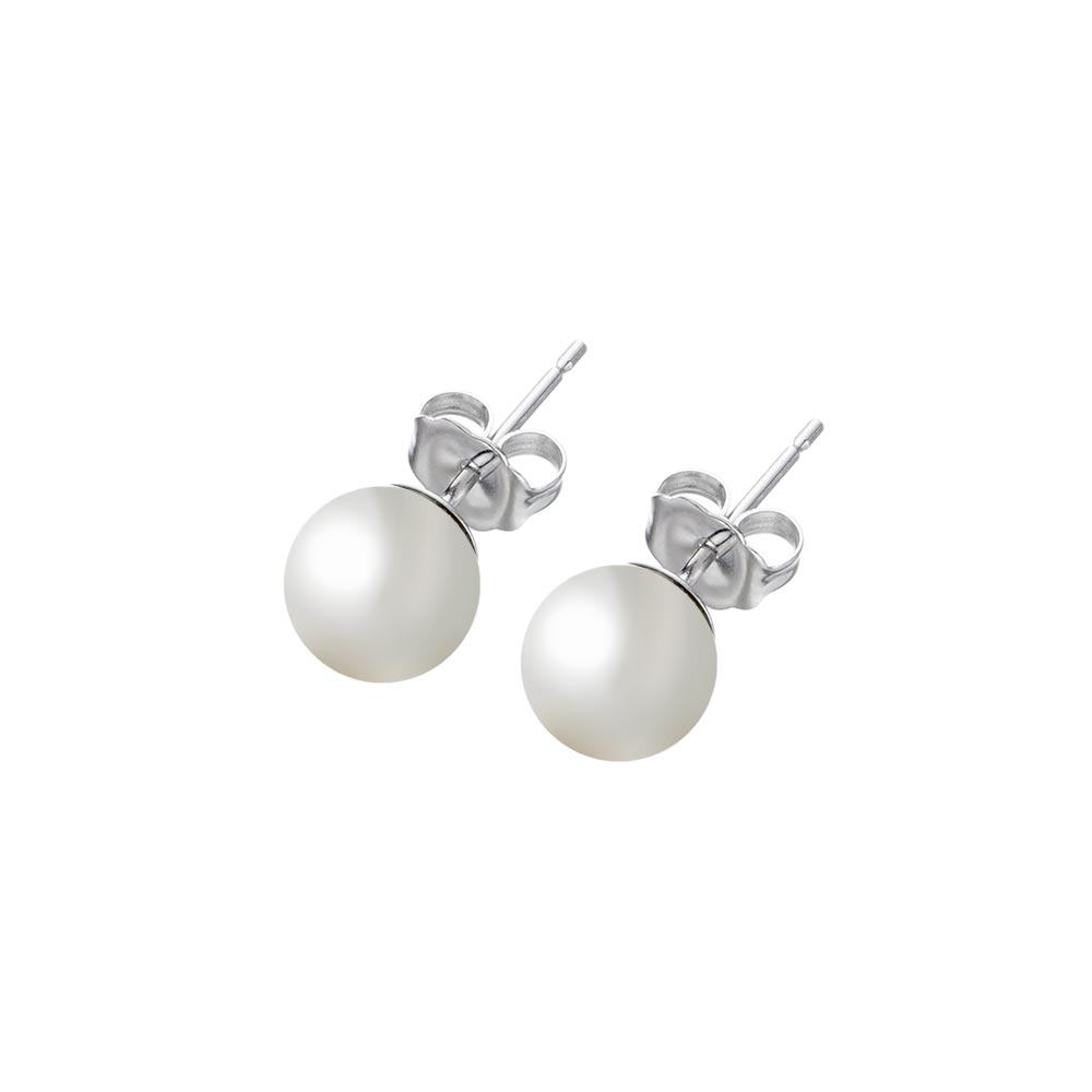 Sterling Silver Rhodium Plated Round Pearl Stud Earring